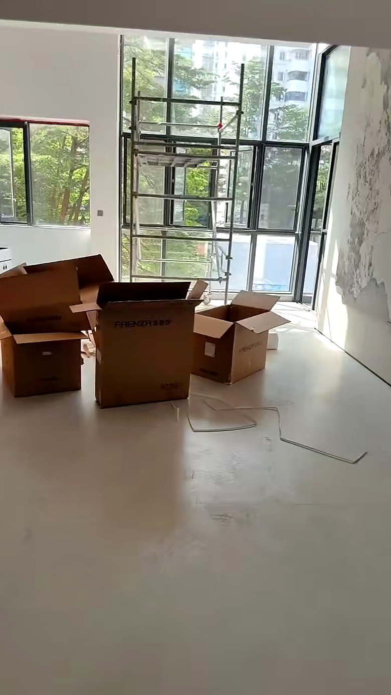 深圳宝安深业新岸线旧改新开荒，进场时客厅堆放的翻新材料箱体与脚手架